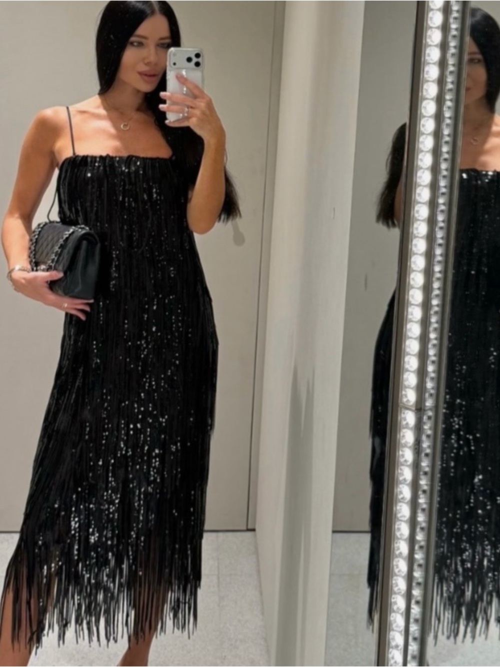 Zara Black Sequin Fringe Midi Dress